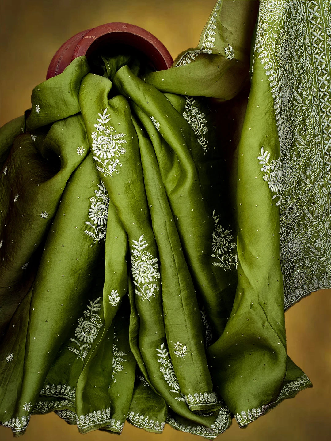 Ada Hand Embroidered Green Organza Lucknowi Chikankari Saree and Blouse With Cutdana Work 01A696895