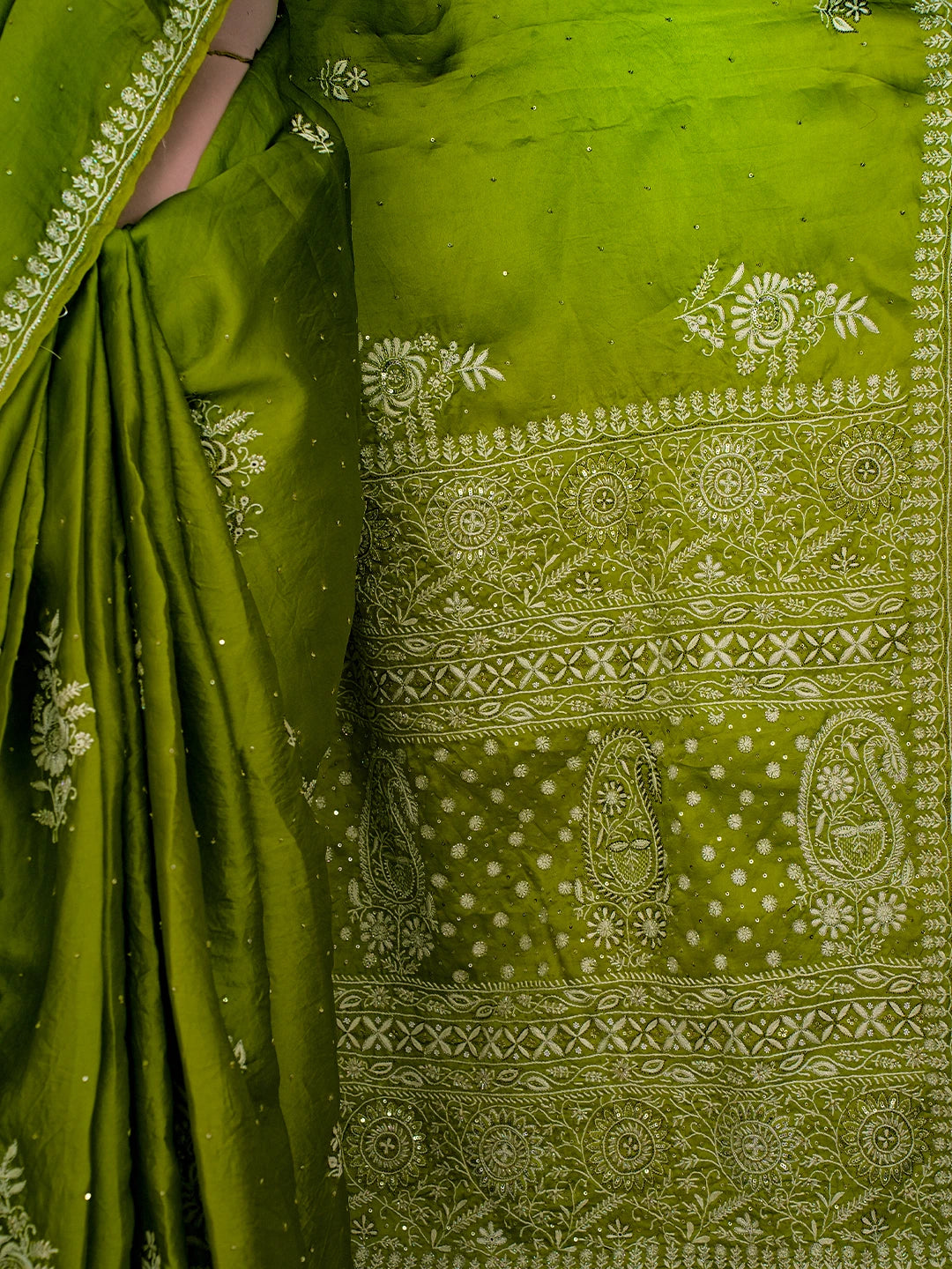 Ada Hand Embroidered Green Organza Lucknowi Chikankari Saree and Blouse With Cutdana Work 01A696895