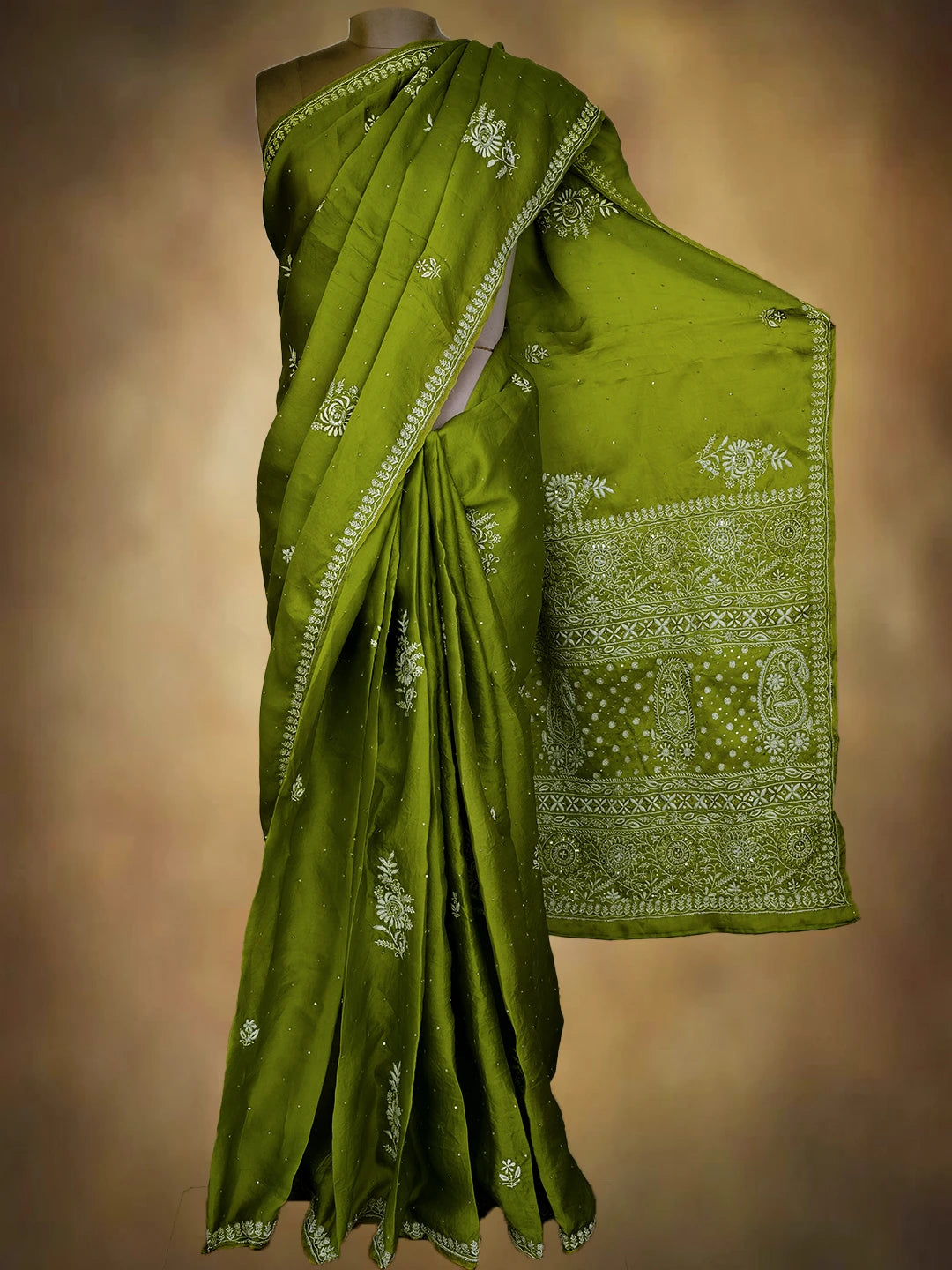 Ada Hand Embroidered Green Organza Lucknowi Chikankari Saree and Blouse With Cutdana Work 01A696895