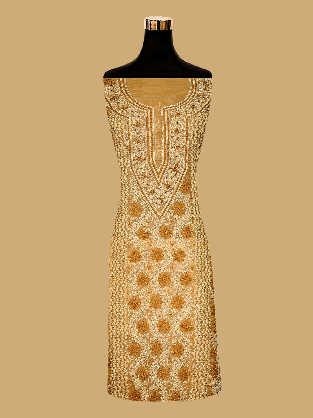 Ada Hand Embroidered Fawn Organza Lucknowi Chikankari Unstitched Kurta Dupatta Set With Cutdana Work 01A737388