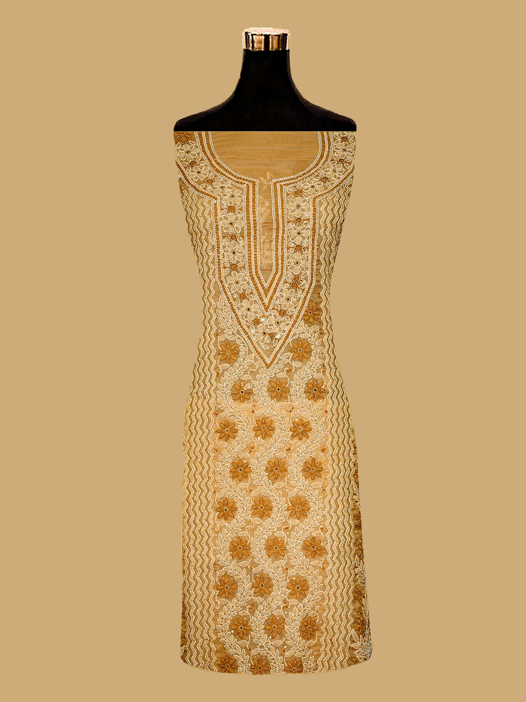 Ada Hand Embroidered Fawn Organza Lucknowi Chikankari Unstitched Kurta Dupatta Set With Cutdana Work 01A737388
