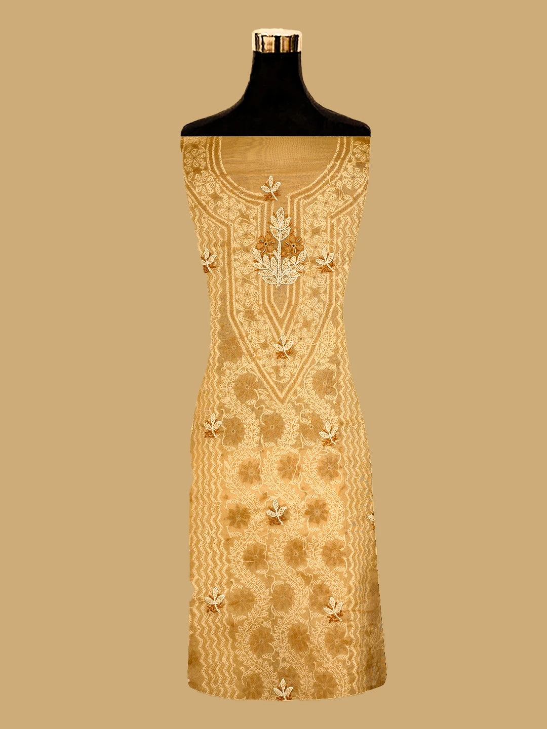 Ada Hand Embroidered Fawn Organza Lucknowi Chikankari Unstitched Kurta Dupatta Set With Cutdana Work 01A737388