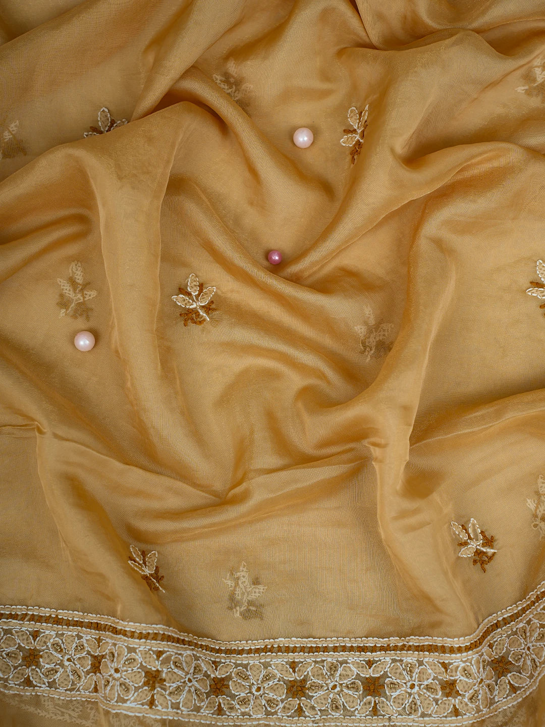 Ada Hand Embroidered Fawn Organza Lucknowi Chikankari Unstitched Kurta Dupatta Set With Cutdana Work 01A737388