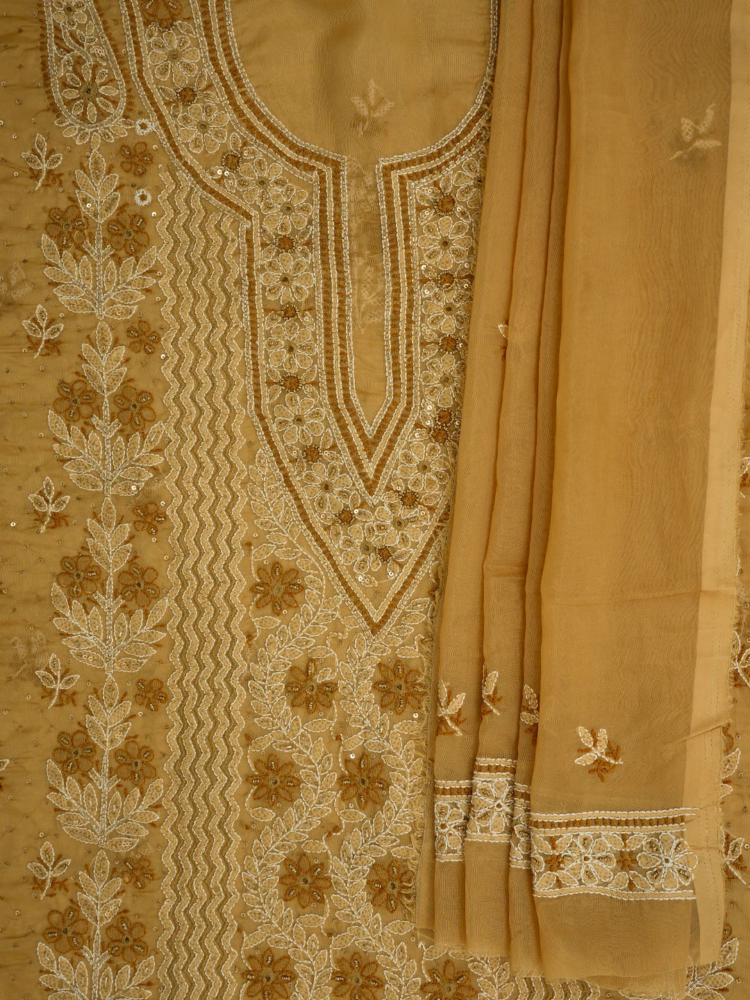 Ada Hand Embroidered Fawn Organza Lucknowi Chikankari Unstitched Kurta Dupatta Set With Cutdana Work 01A737388