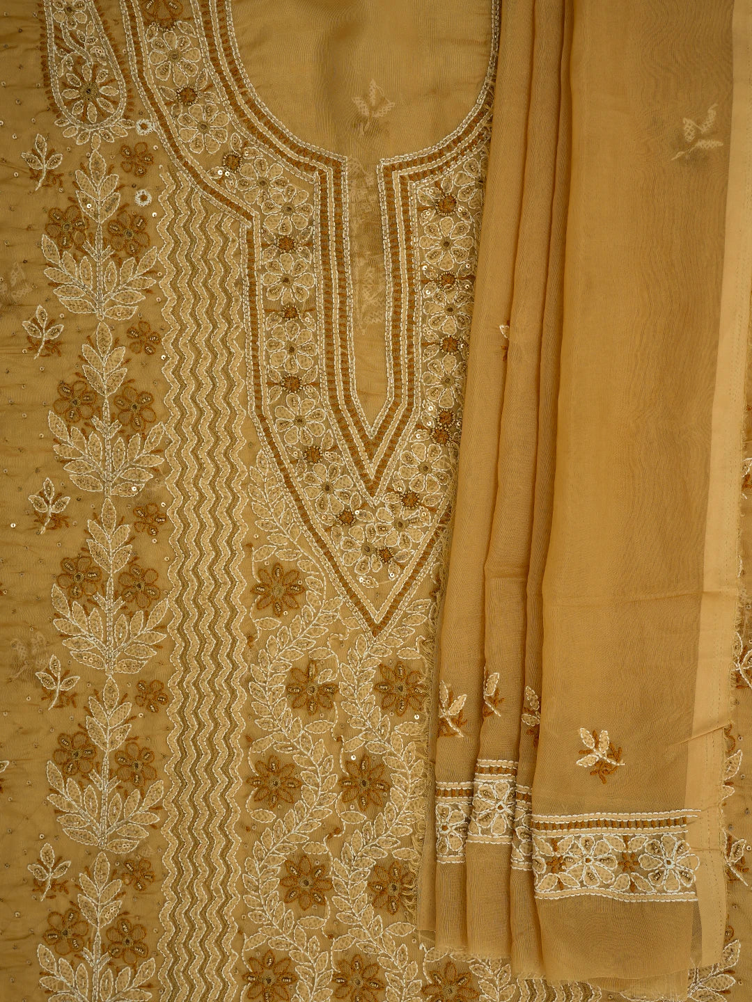 Ada Hand Embroidered Fawn Organza Lucknowi Chikankari Unstitched Kurta Dupatta Set With Cutdana Work 01A737388