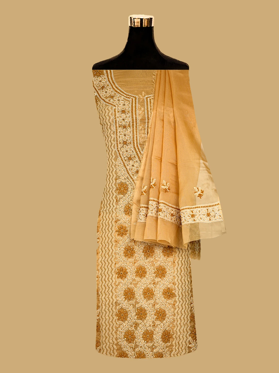 Ada Hand Embroidered Fawn Organza Lucknowi Chikankari Unstitched Kurta Dupatta Set With Cutdana Work 01A737388