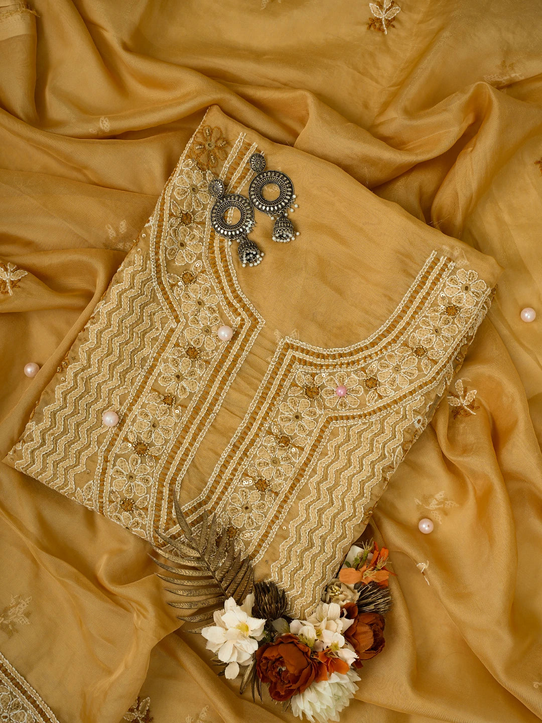 Ada Hand Embroidered Fawn Organza Lucknowi Chikankari Unstitched Kurta Dupatta Set With Cutdana Work 01A737388