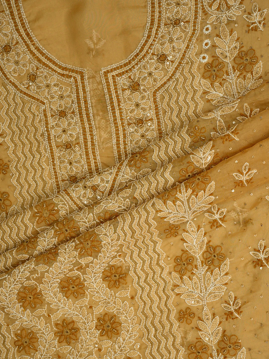 Ada Hand Embroidered Fawn Organza Lucknowi Chikankari Unstitched Kurta Dupatta Set With Cutdana Work 01A737388