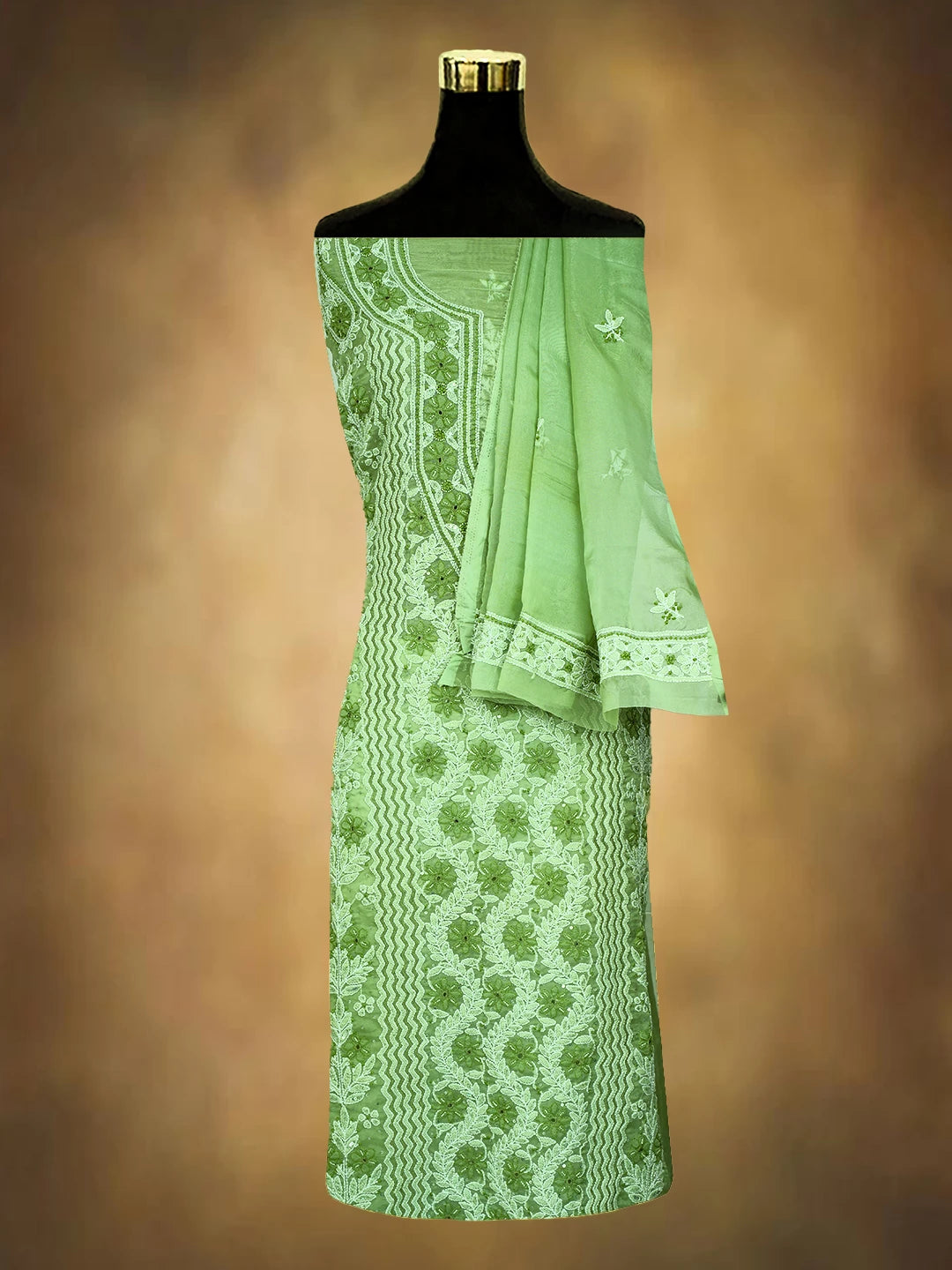 Ada Hand Embroidered Green Organza Lucknowi Chikankari Unstitched Kurta Dupatta Set With Cutdana Work 01A737387