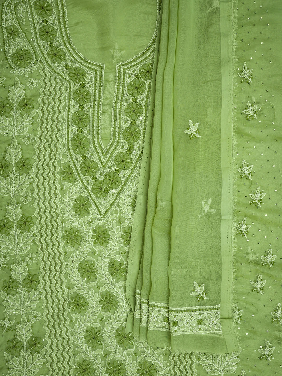 Ada Hand Embroidered Green Organza Lucknowi Chikankari Unstitched Kurta Dupatta Set With Cutdana Work 01A737387