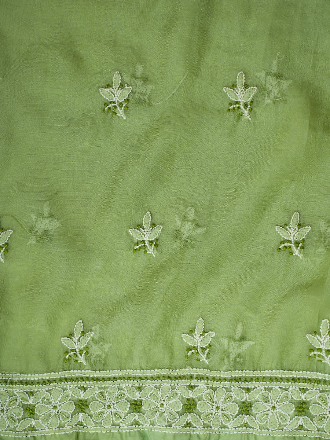 Ada Hand Embroidered Green Organza Lucknowi Chikankari Unstitched Kurta Dupatta Set With Cutdana Work 01A737387