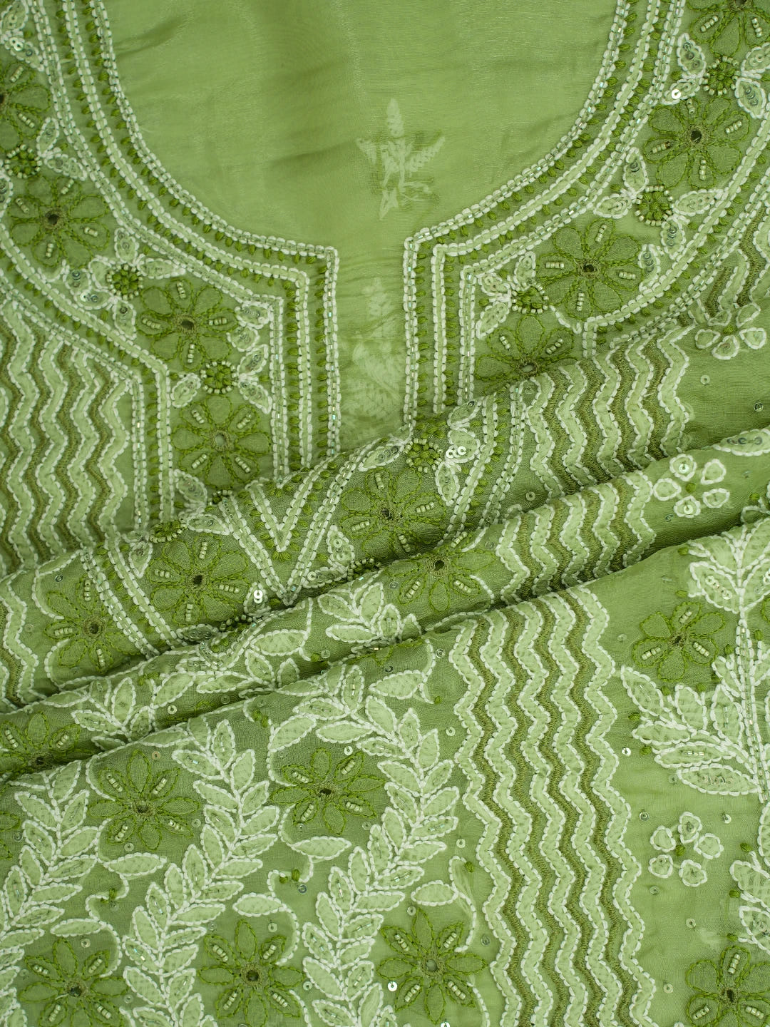 Ada Hand Embroidered Green Organza Lucknowi Chikankari Unstitched Kurta Dupatta Set With Cutdana Work 01A737387