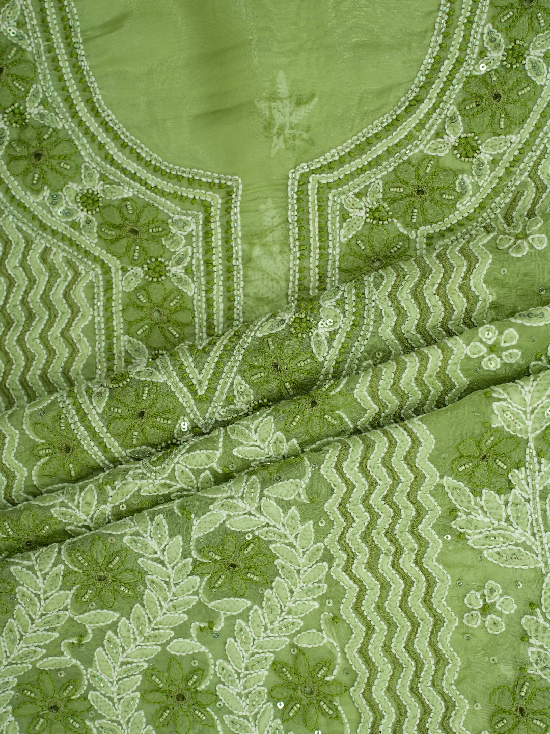 Ada Hand Embroidered Green Organza Lucknowi Chikankari Unstitched Kurta Dupatta Set With Cutdana Work 01A737387