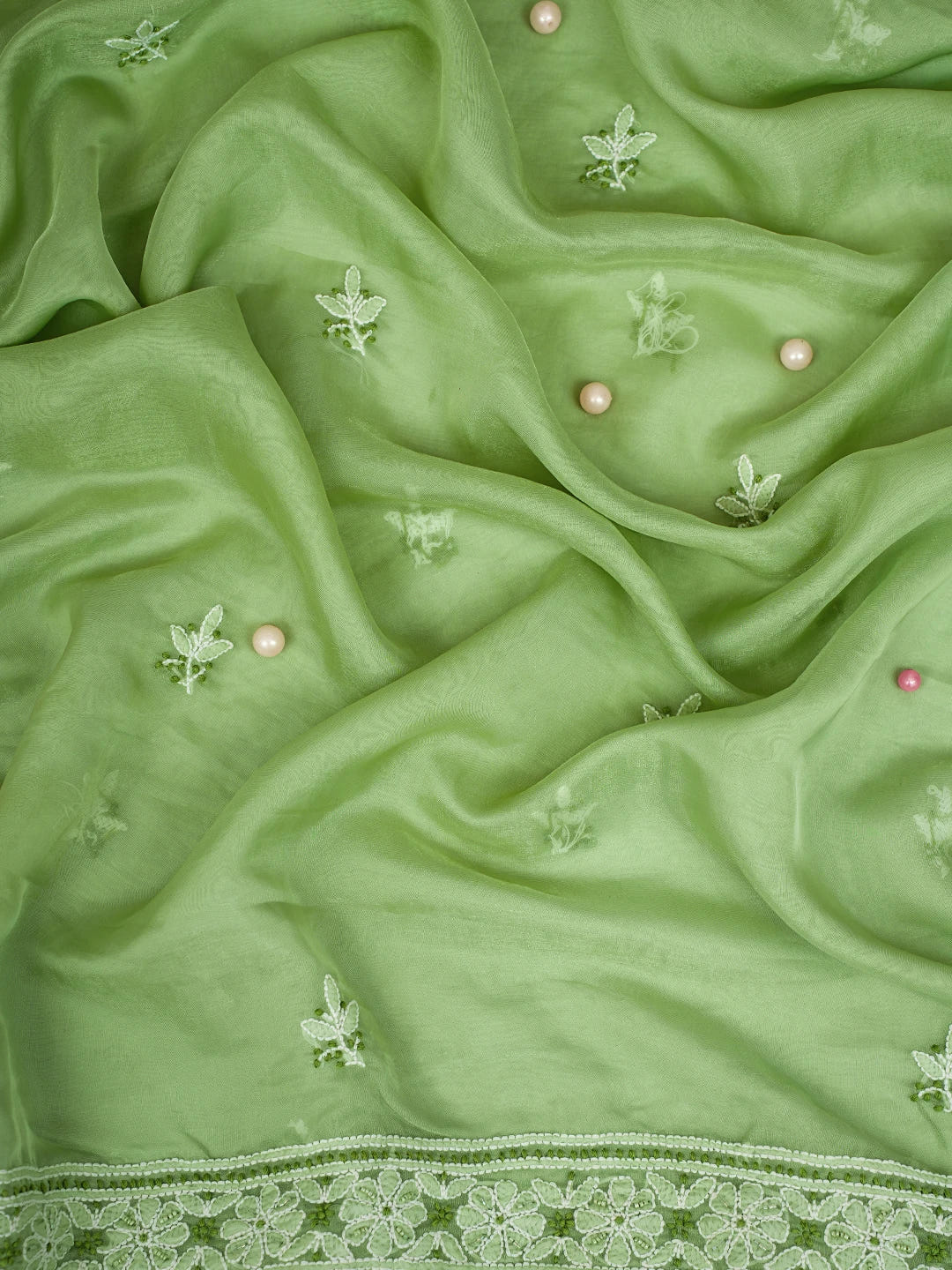 Ada Hand Embroidered Green Organza Lucknowi Chikankari Unstitched Kurta Dupatta Set With Cutdana Work 01A737387