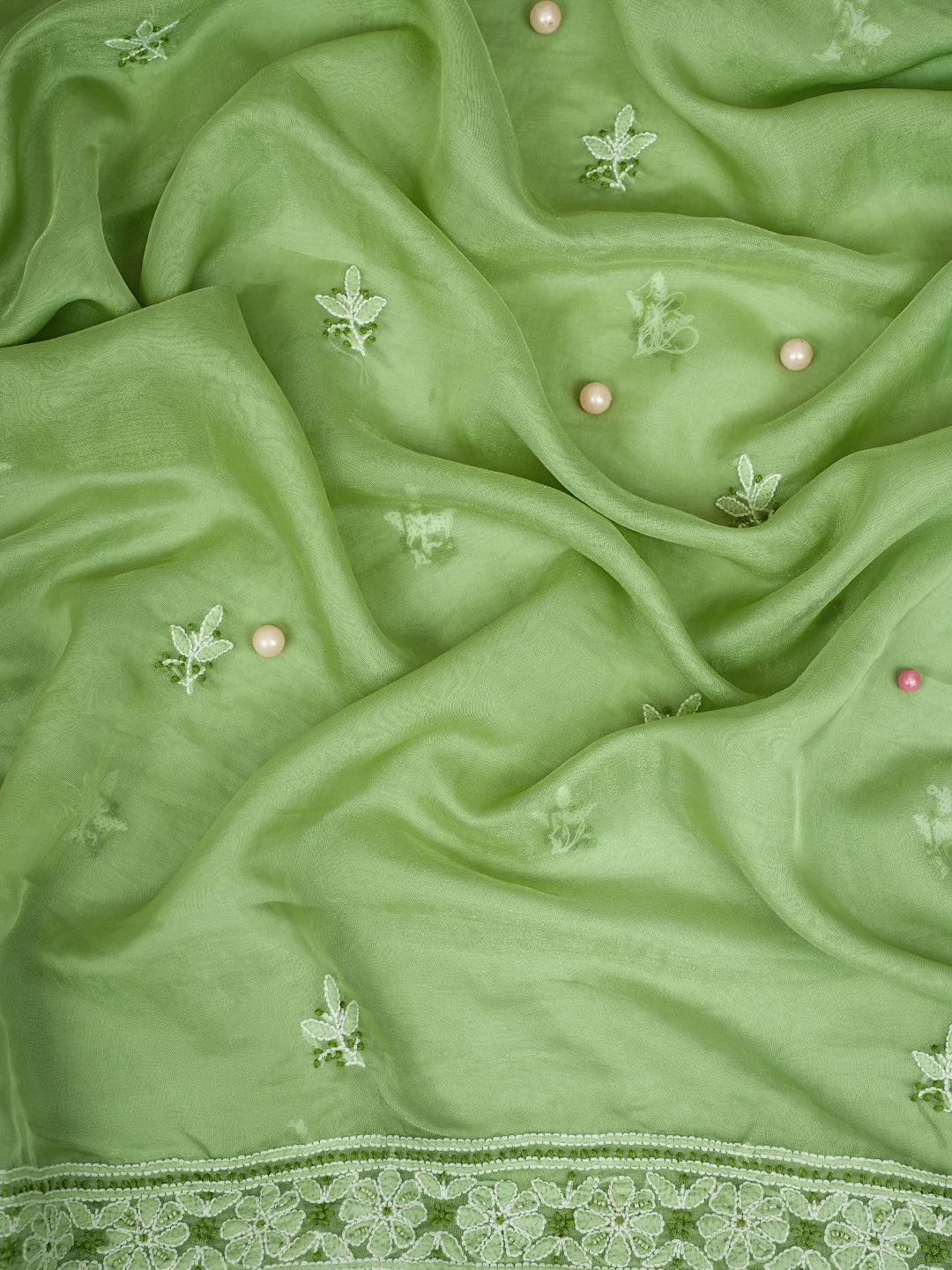 Ada Hand Embroidered Green Organza Lucknowi Chikankari Unstitched Kurta Dupatta Set With Cutdana Work 01A737387