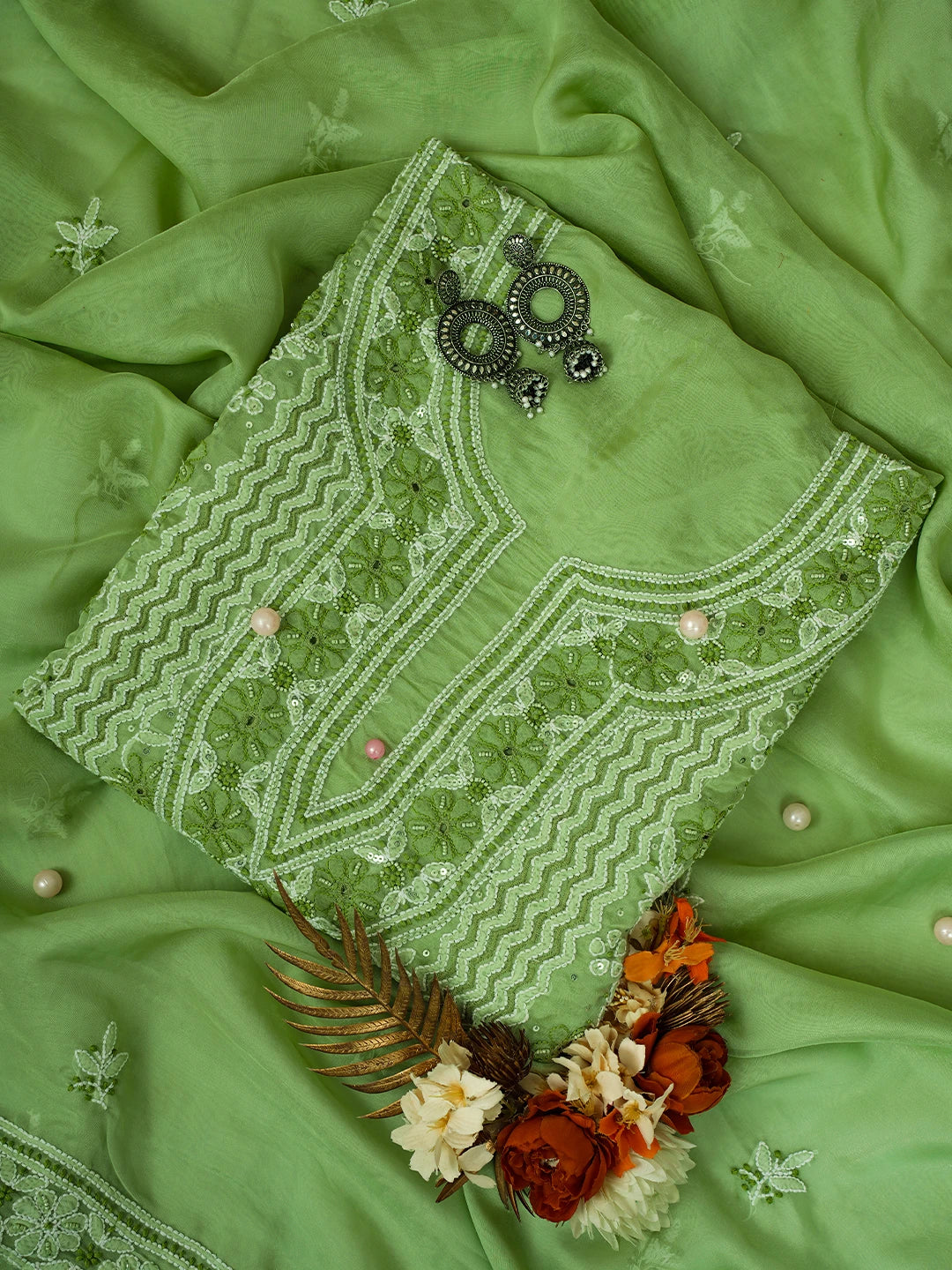 Ada Hand Embroidered Green Organza Lucknowi Chikankari Unstitched Kurta Dupatta Set With Cutdana Work 01A737387