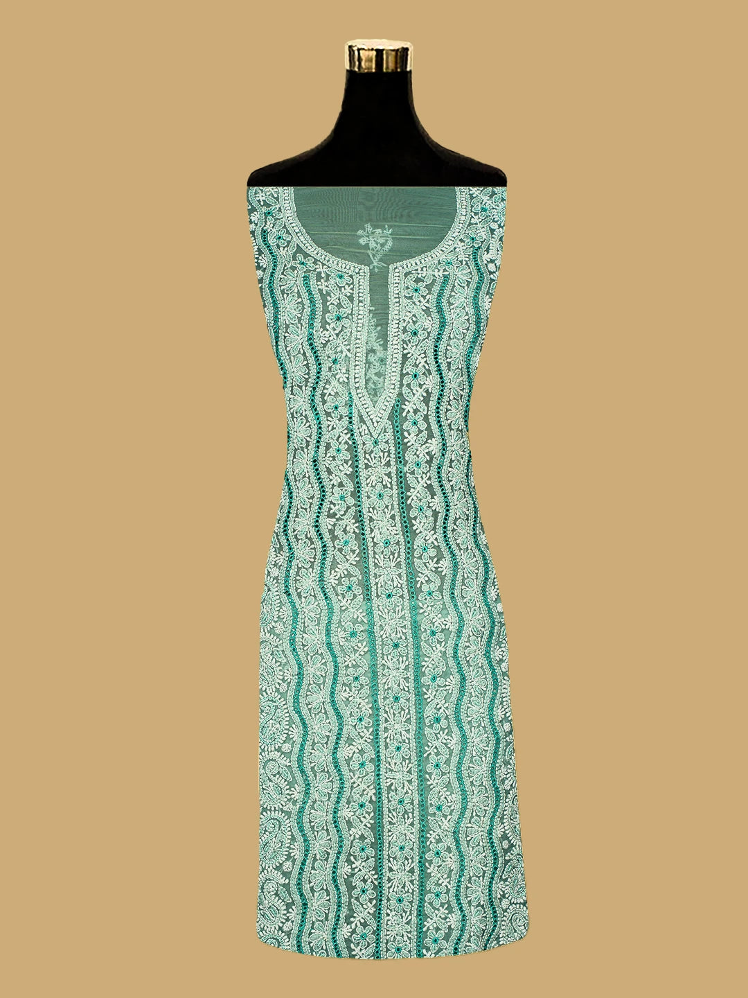 Ada Hand Embroidered Mint Green Organza Lucknowi Chikankari Unstitched Kurta Dupatta Set With Cutdana Work 01A737370