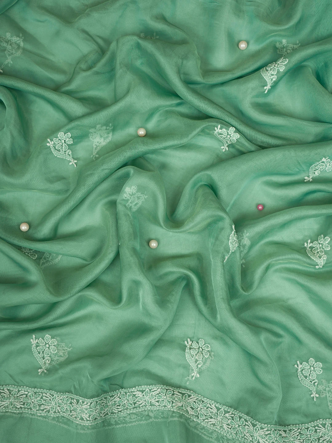 Ada Hand Embroidered Mint Green Organza Lucknowi Chikankari Unstitched Kurta Dupatta Set With Cutdana Work 01A737370