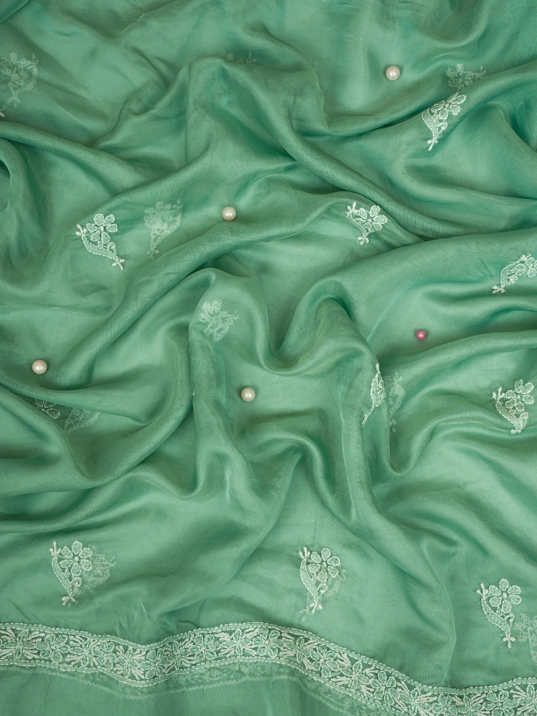 Ada Hand Embroidered Mint Green Organza Lucknowi Chikankari Unstitched Kurta Dupatta Set With Cutdana Work 01A737370