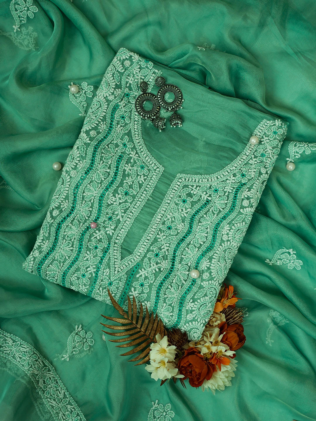 Ada Hand Embroidered Mint Green Organza Lucknowi Chikankari Unstitched Kurta Dupatta Set With Cutdana Work 01A737370