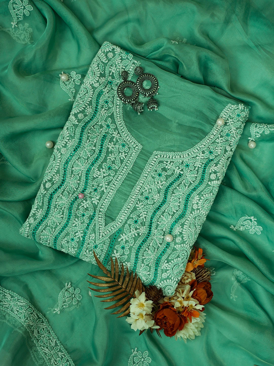 Ada Hand Embroidered Mint Green Organza Lucknowi Chikankari Unstitched Kurta Dupatta Set With Cutdana Work 01A737370