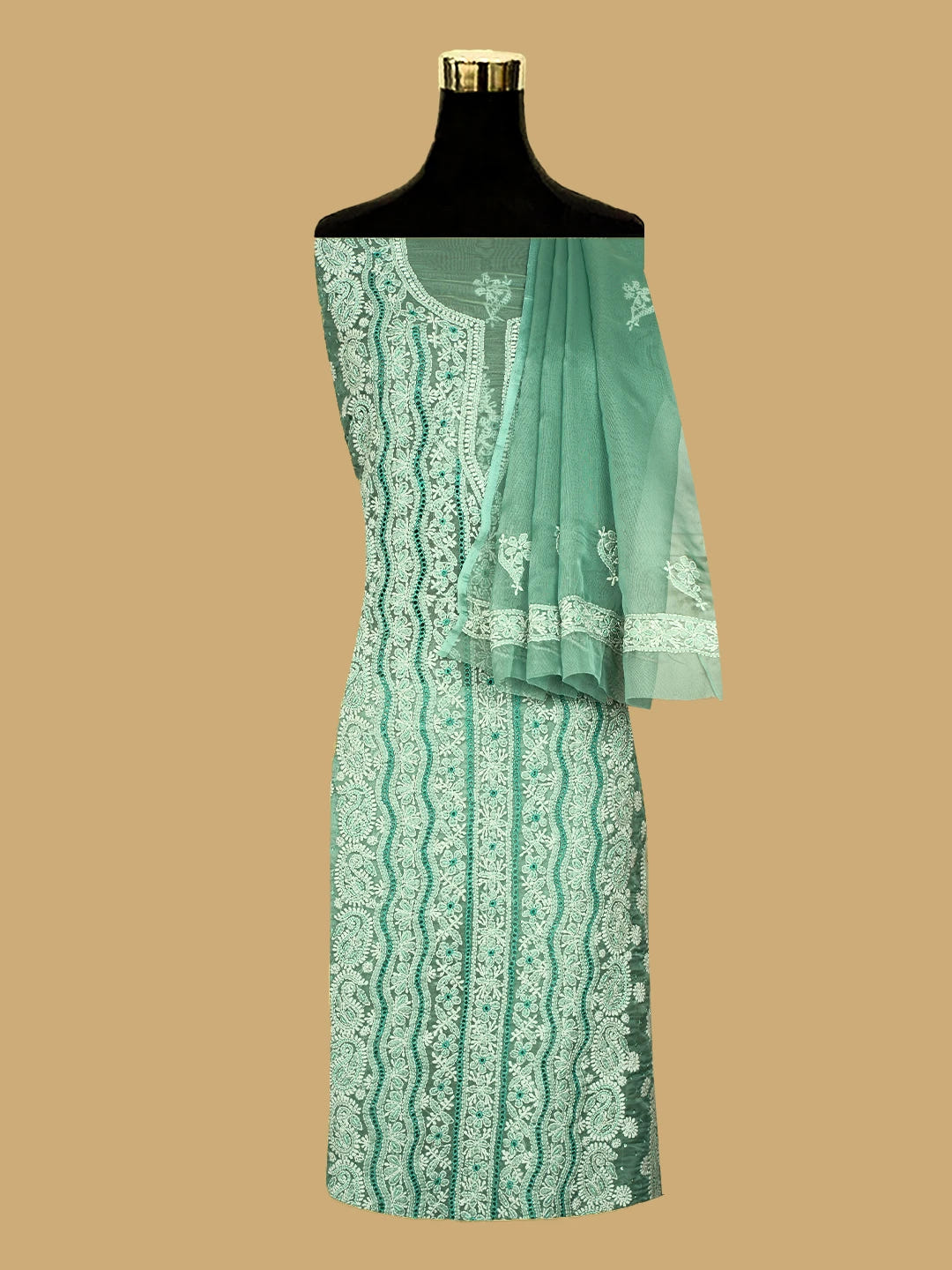 Ada Hand Embroidered Mint Green Organza Lucknowi Chikankari Unstitched Kurta Dupatta Set With Cutdana Work 01A737370