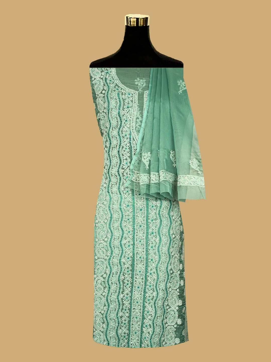 Ada Hand Embroidered Mint Green Organza Lucknowi Chikankari Unstitched Kurta Dupatta Set With Cutdana Work 01A737370