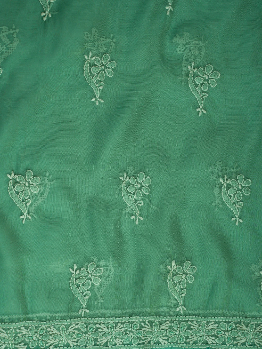 Ada Hand Embroidered Mint Green Organza Lucknowi Chikankari Unstitched Kurta Dupatta Set With Cutdana Work 01A737370