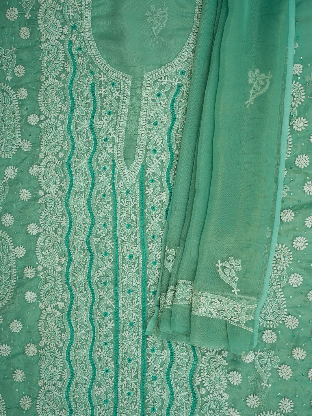 Ada Hand Embroidered Mint Green Organza Lucknowi Chikankari Unstitched Kurta Dupatta Set With Cutdana Work 01A737370