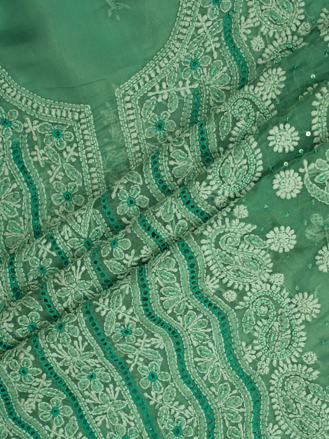 Ada Hand Embroidered Mint Green Organza Lucknowi Chikankari Unstitched Kurta Dupatta Set With Cutdana Work 01A737370
