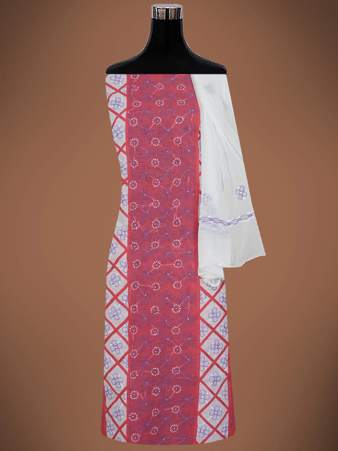 Ada Hand Embroidered Mulberry Pink & White Cotton Lucknowi Chikankari Unstitched Suit Piece 01A679982