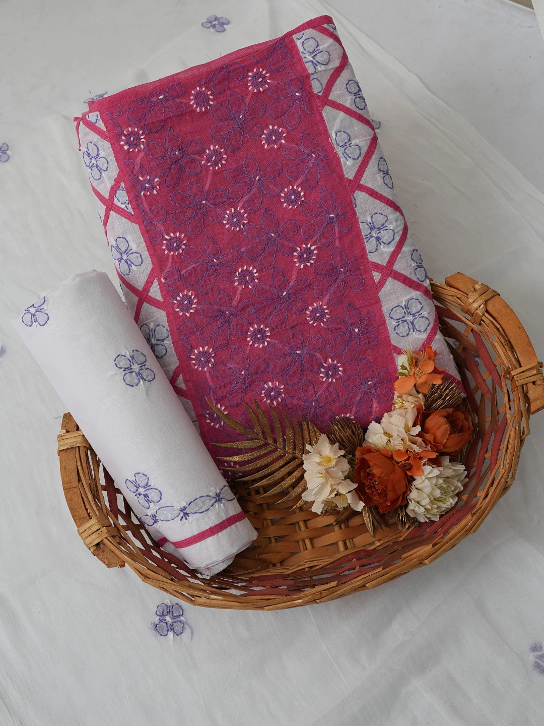 Ada Hand Embroidered Mulberry Pink & White Cotton Lucknowi Chikankari Unstitched Suit Piece 01A679982