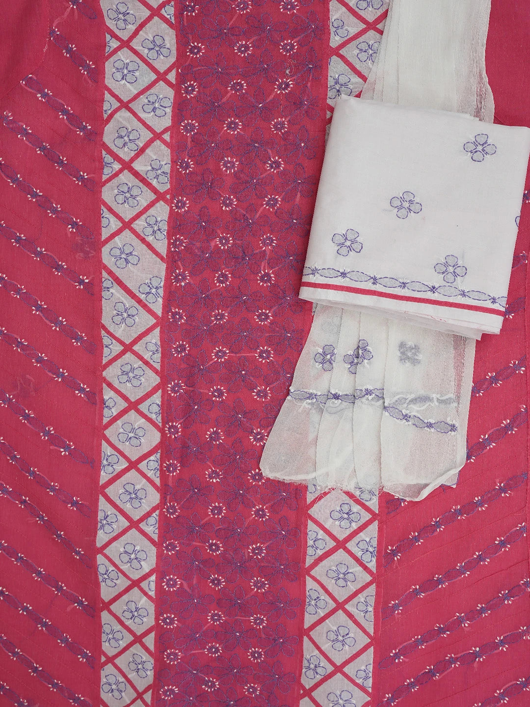 Ada Hand Embroidered Mulberry Pink & White Cotton Lucknowi Chikankari Unstitched Suit Piece 01A679982