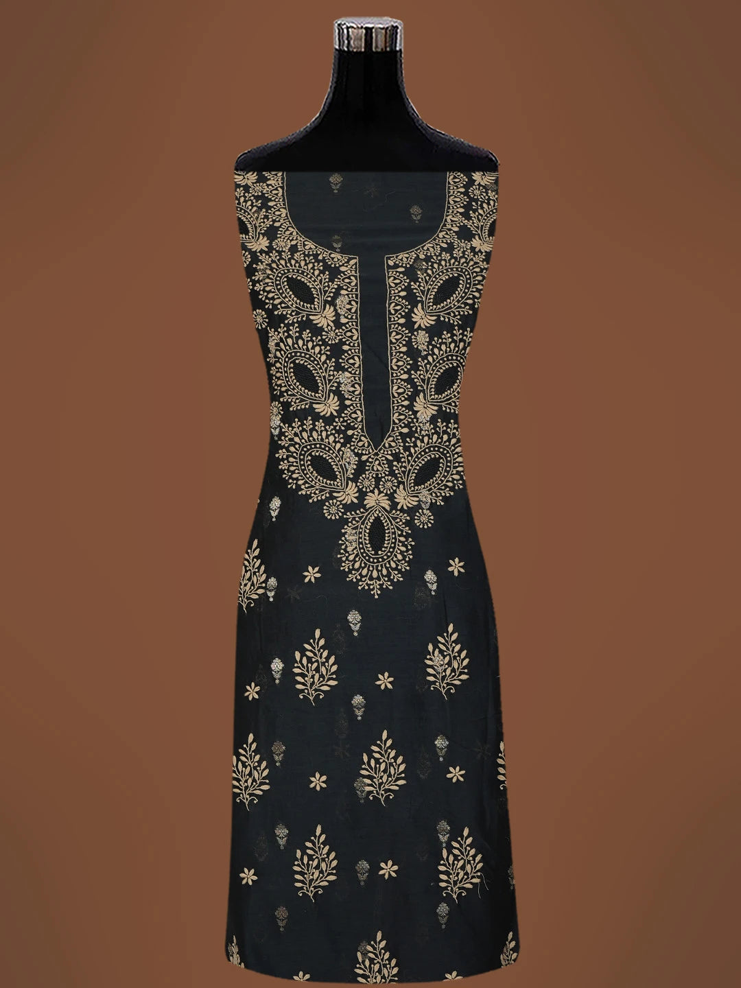 Ada Hand Embroidered Black Chanderi Lucknowi Chikankari Unstitched Kurta Dupatta Set 01A729291
