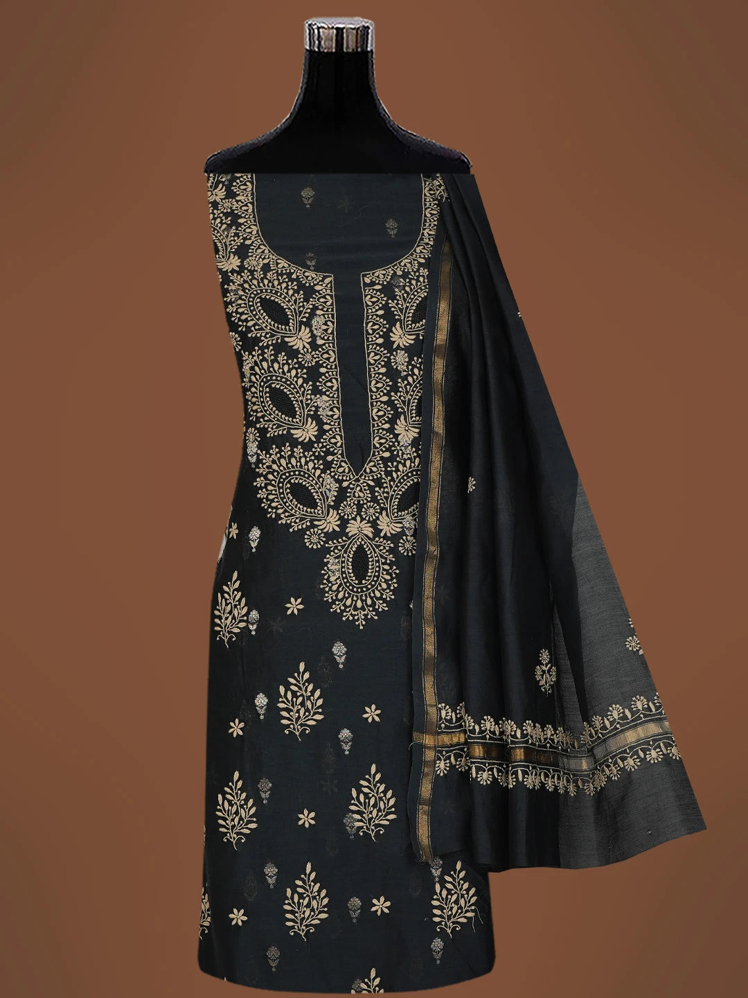 Ada Hand Embroidered Black Chanderi Lucknowi Chikankari Unstitched Kurta Dupatta Set 01A729291