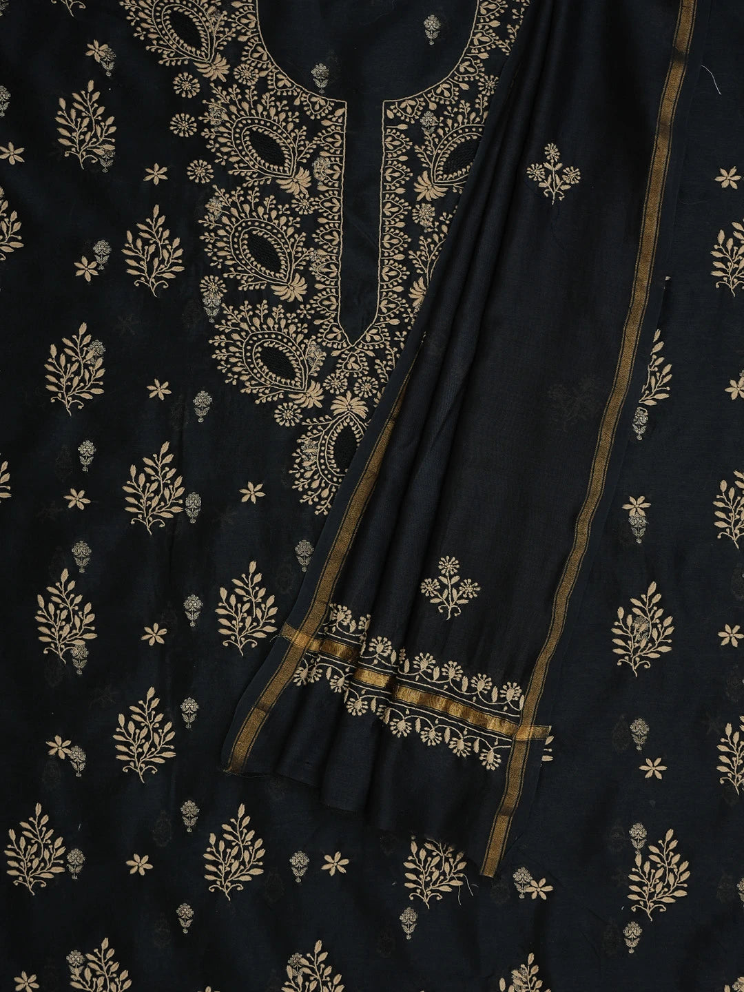 Ada Hand Embroidered Black Chanderi Lucknowi Chikankari Unstitched Kurta Dupatta Set 01A729291