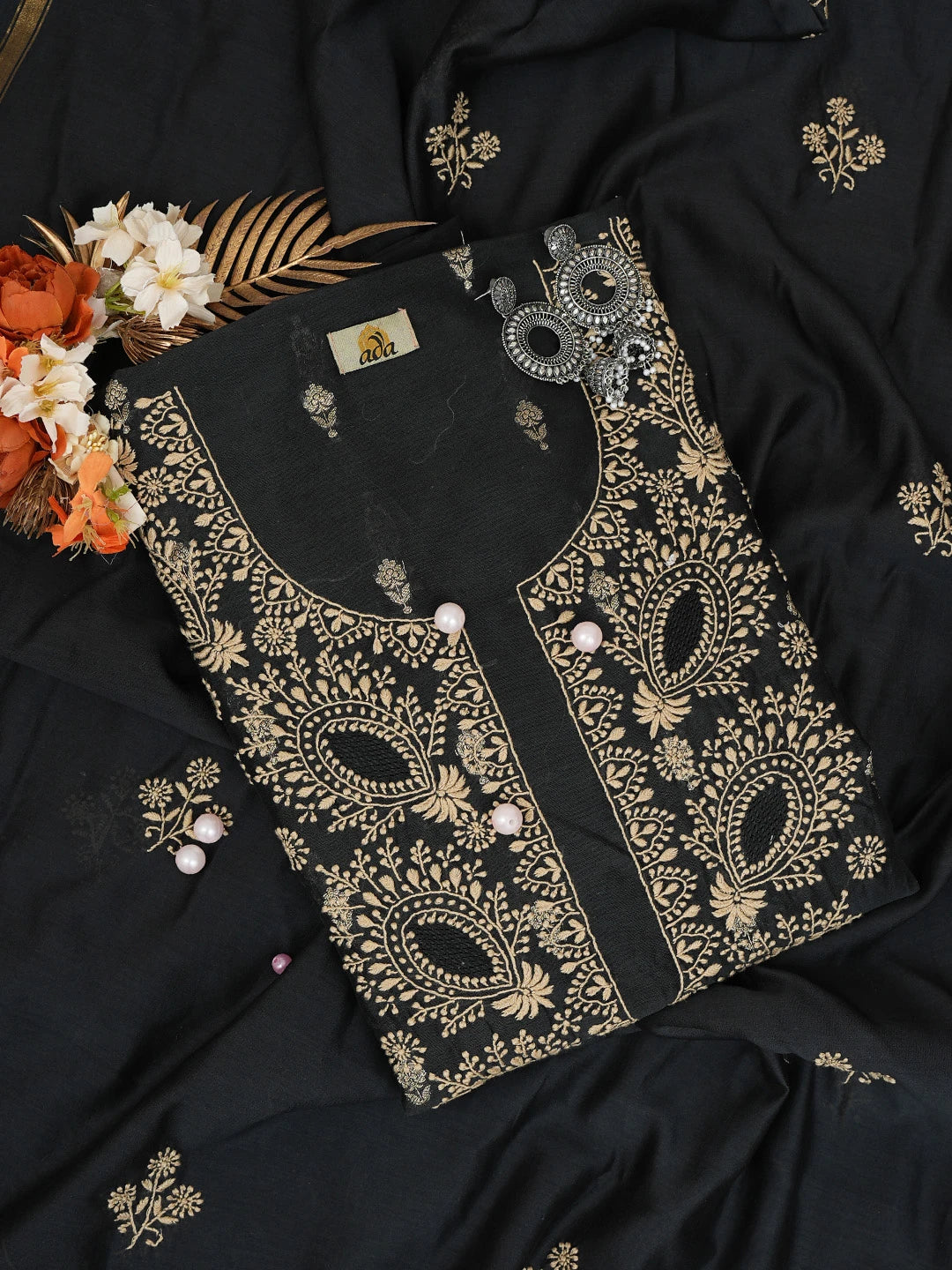 Ada Hand Embroidered Black Chanderi Lucknowi Chikankari Unstitched Kurta Dupatta Set 01A729291