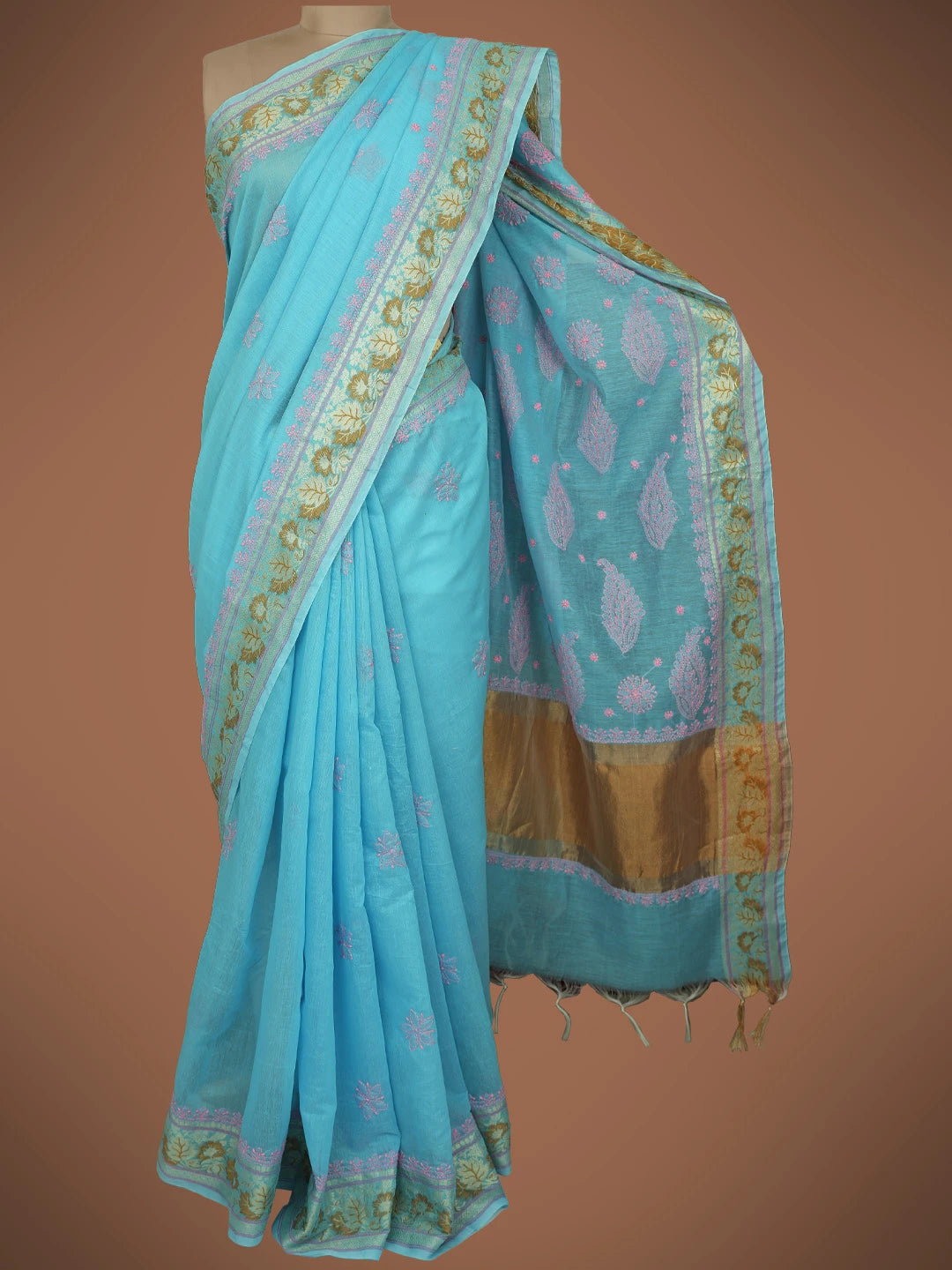 Ada Hand Embroidered Blue Chanderi Lucknowi Chikankari Saree and Blouse 01A713363