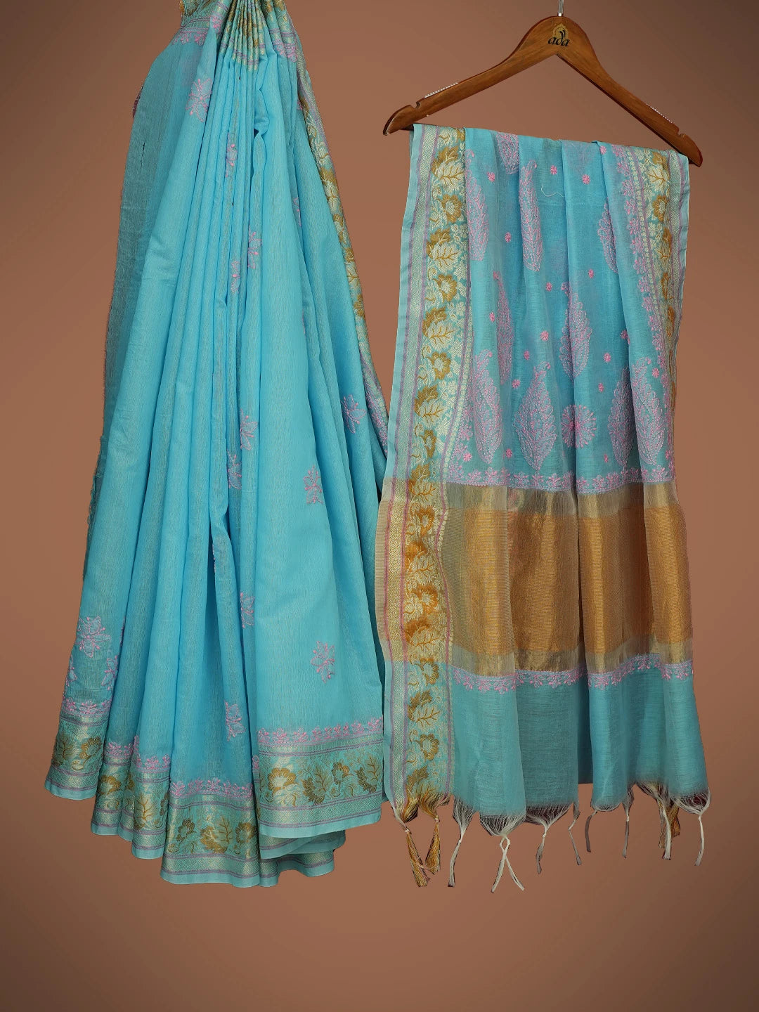 Ada Hand Embroidered Blue Chanderi Lucknowi Chikankari Saree and Blouse 01A713363