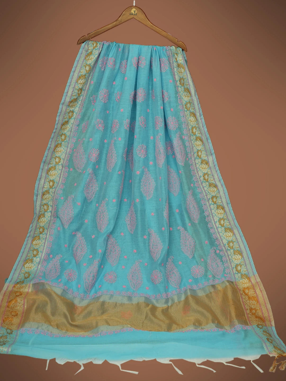 Ada Hand Embroidered Blue Chanderi Lucknowi Chikankari Saree and Blouse 01A713363