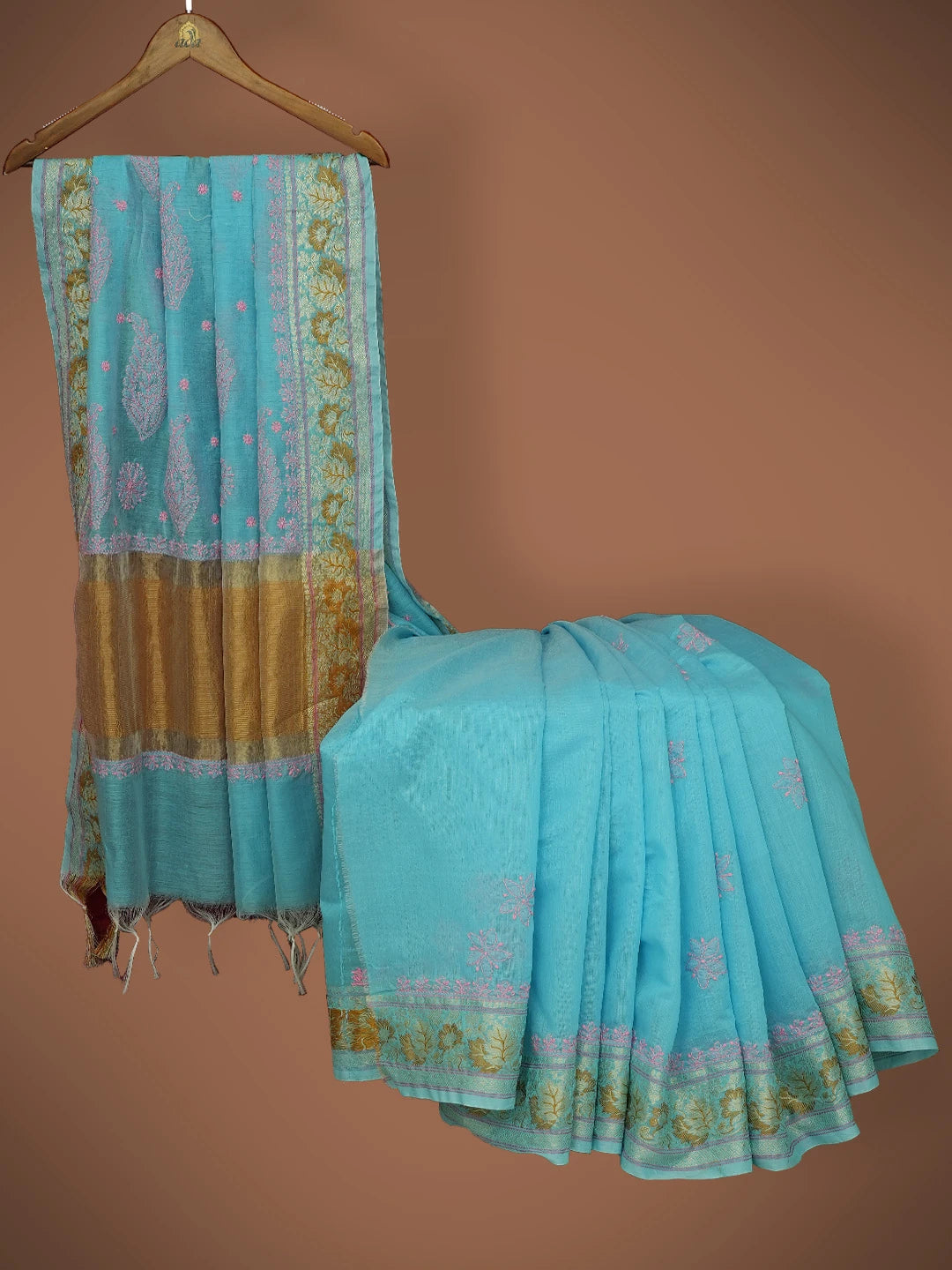Ada Hand Embroidered Blue Chanderi Lucknowi Chikankari Saree and Blouse 01A713363