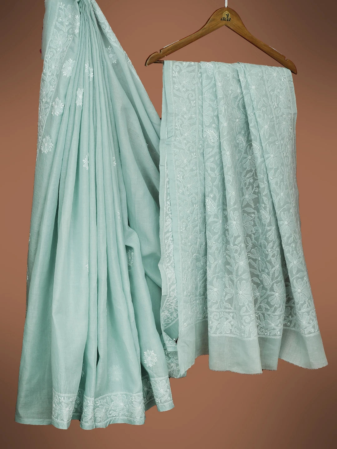 Ada Hand Embroidered Grey Cotton Lucknowi Chikankari Saree and Blouse 01A720628