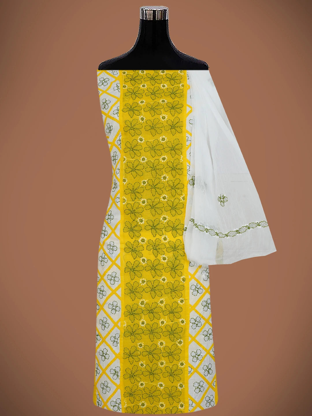 Ada Hand Embroidered Yellow & White Cotton Lucknowi Chikankari Unstitched Suit Piece 01A680032