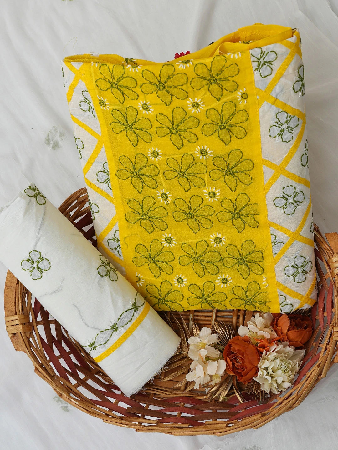 Ada Hand Embroidered Yellow & White Cotton Lucknowi Chikankari Unstitched Suit Piece 01A680032