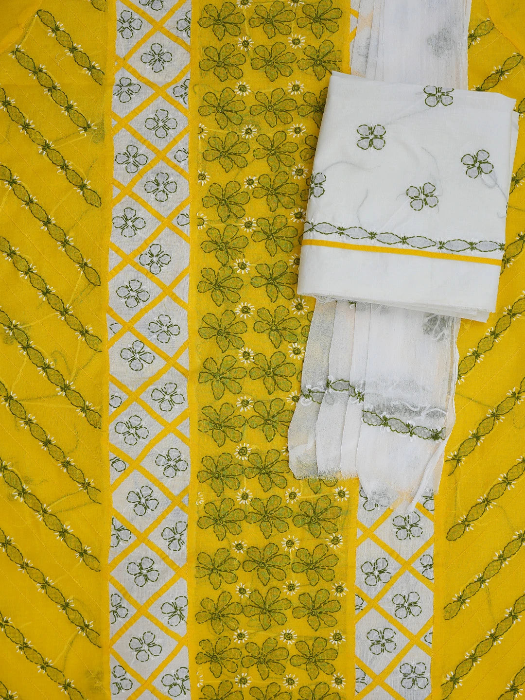 Ada Hand Embroidered Yellow & White Cotton Lucknowi Chikankari Unstitched Suit Piece 01A680032
