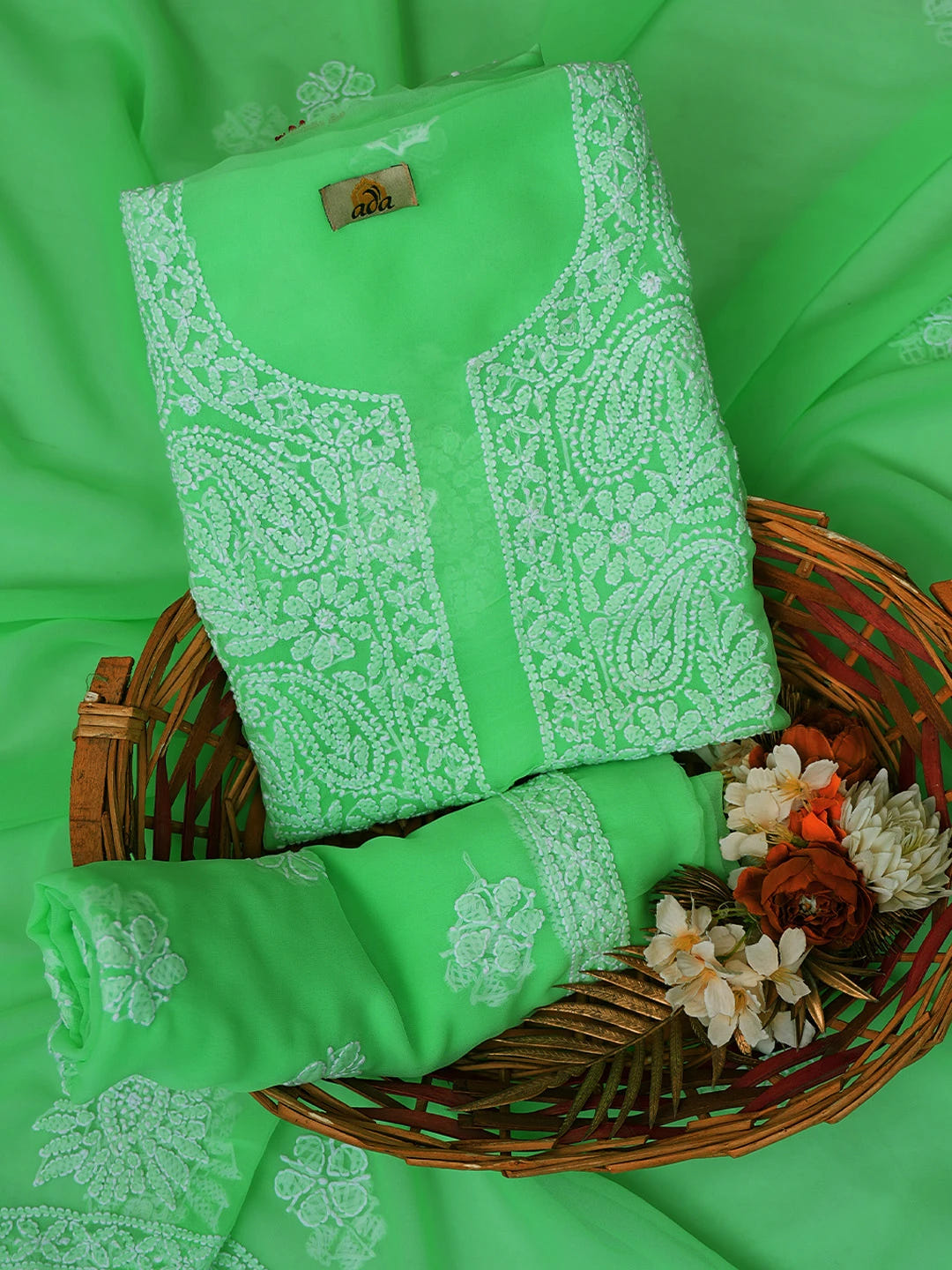 Ada Hand Embroidered Green Georgette Lucknowi Chikankari Unstitched Suit Piece 01A721872