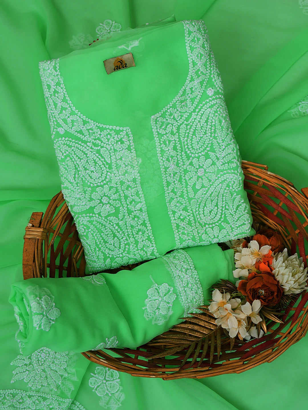 Ada Hand Embroidered Green Georgette Lucknowi Chikankari Unstitched Suit Piece 01A721872