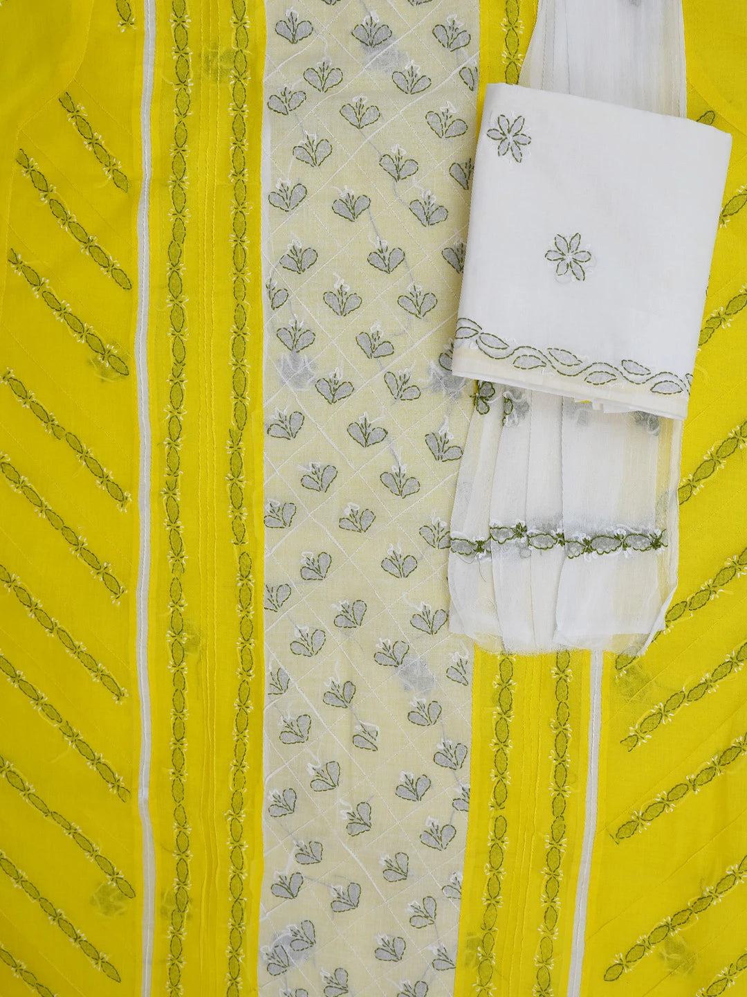 Ada Hand Embroidered Cream & Bright Yellow Cotton Lucknowi Chikankari Unstitched Suit Piece 01A680033