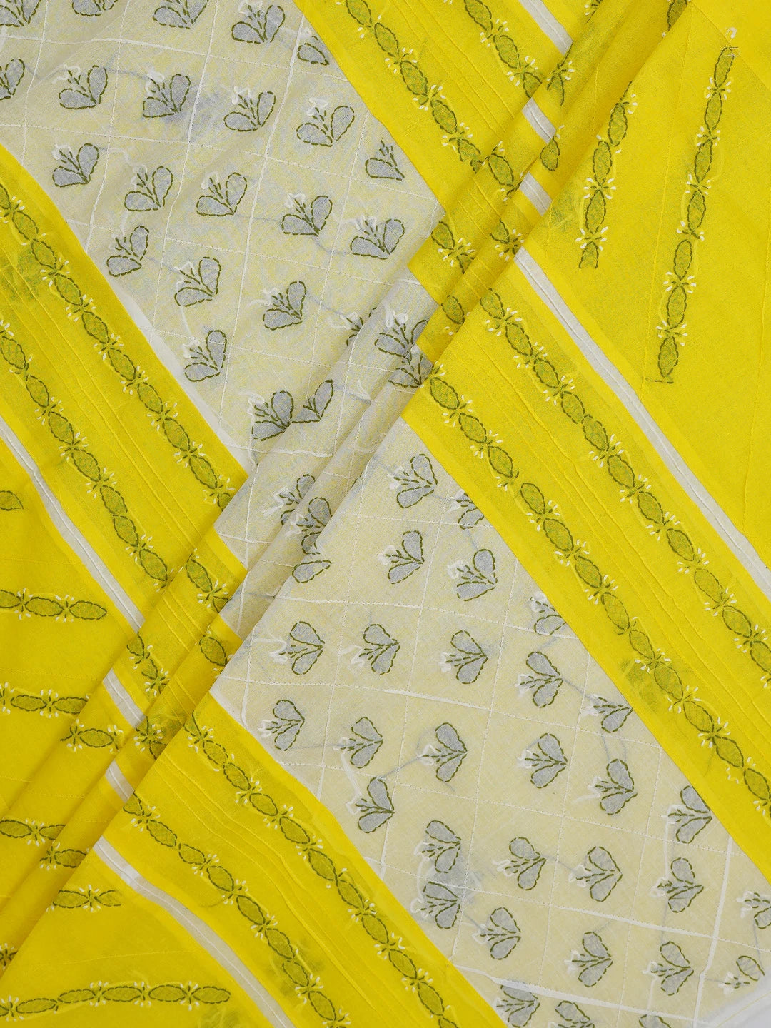 Ada Hand Embroidered Cream & Bright Yellow Cotton Lucknowi Chikankari Unstitched Suit Piece 01A680033