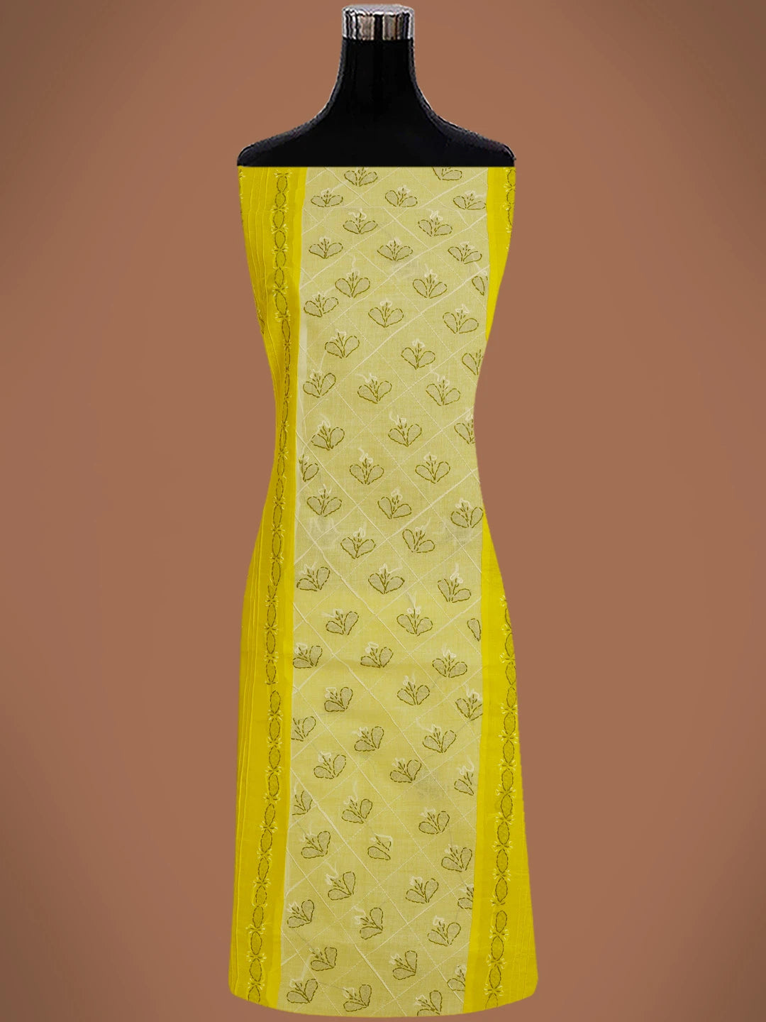 Ada Hand Embroidered Cream & Bright Yellow Cotton Lucknowi Chikankari Unstitched Suit Piece 01A680033